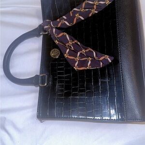 Black Croc-Embossed Handbag with Scarf Accent